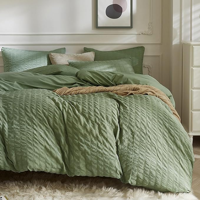JELLYMONI Dark Green Duvet Cover Queen Size, Soft Breathable Seersucker Duvet by JELLYMONI