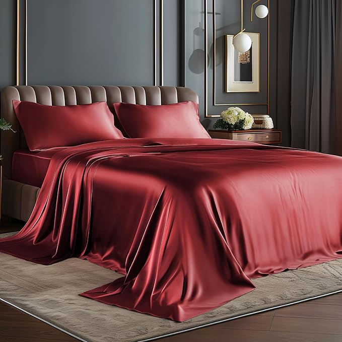 BEDELITE King Size Sheets Set, Luxury Soft Burgundy Satin Sheets by BEDELITE