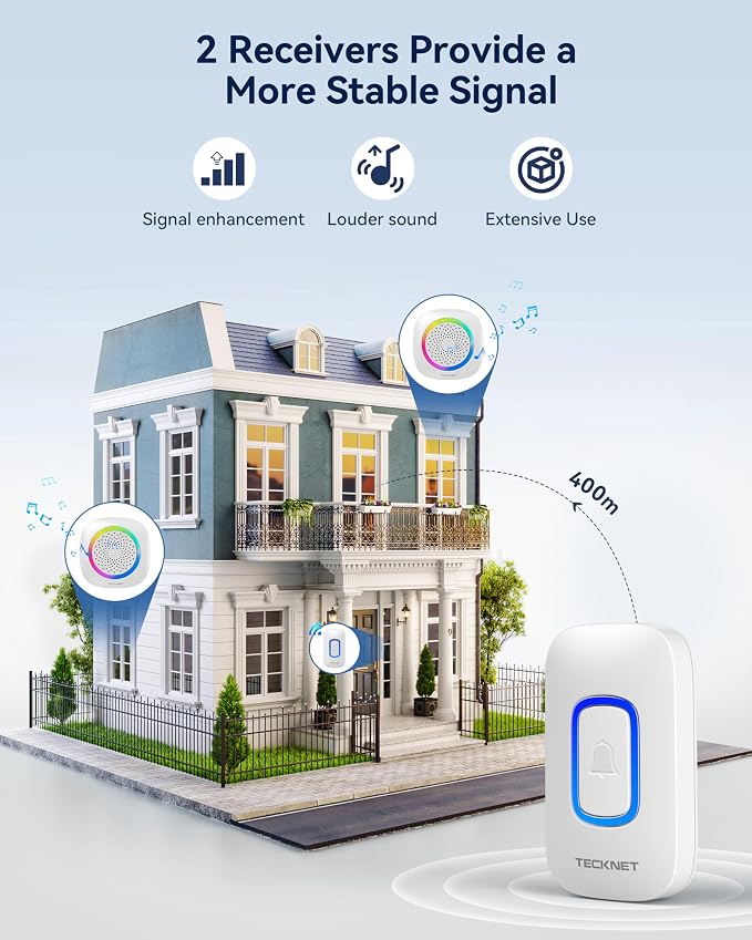 TECKNET Wireless Doorbell with 2 Portable Doorbells with RGB Light, Battery - Image 2