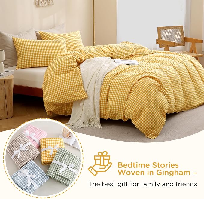 TOCOMOA Yellow Gingham Duvet Cover Bedding Set 100% Washed Cotton Like Linen - Image 7
