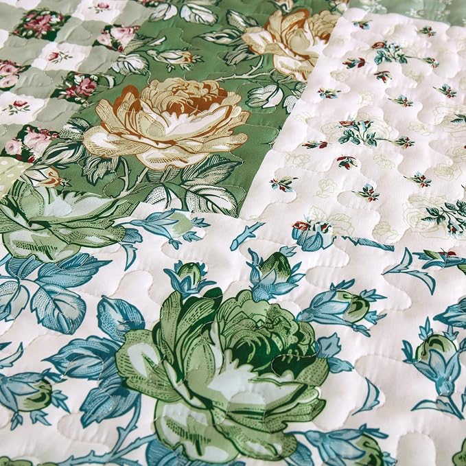 Anibedding Patchwork Quilt Set King Size Sage Green Floral Bedspread Coverlet - Image 6