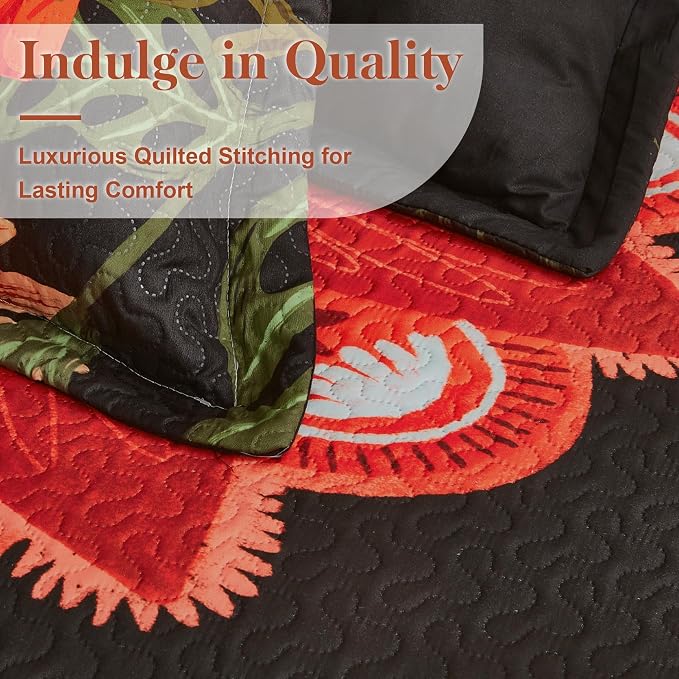 Tyrot 3 Piece Black Red Boho Floral Quilt Sets Full/Queen Farmhouse Reversible - Image 4