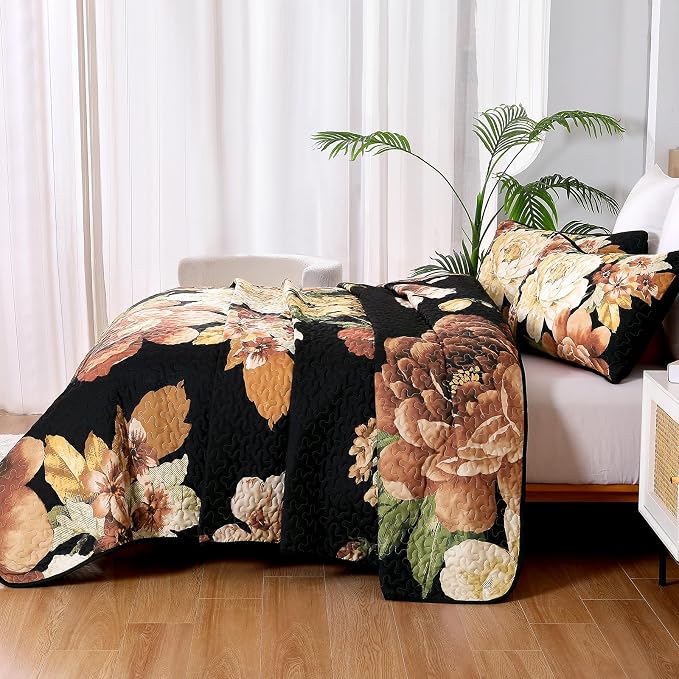 WONGS BEDDING Black Boho Floral Quilt Set King, 3 Pieces Elegant Gold Flower - Image 4