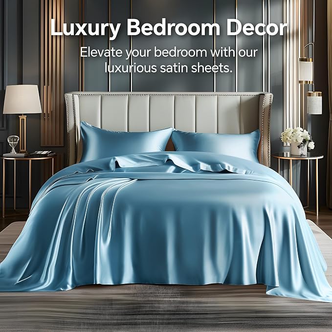 BEDELITE Satin Sheets Twin Size Bed Set, Luxury Soft Airy Blue Silky Sheets - Image 2
