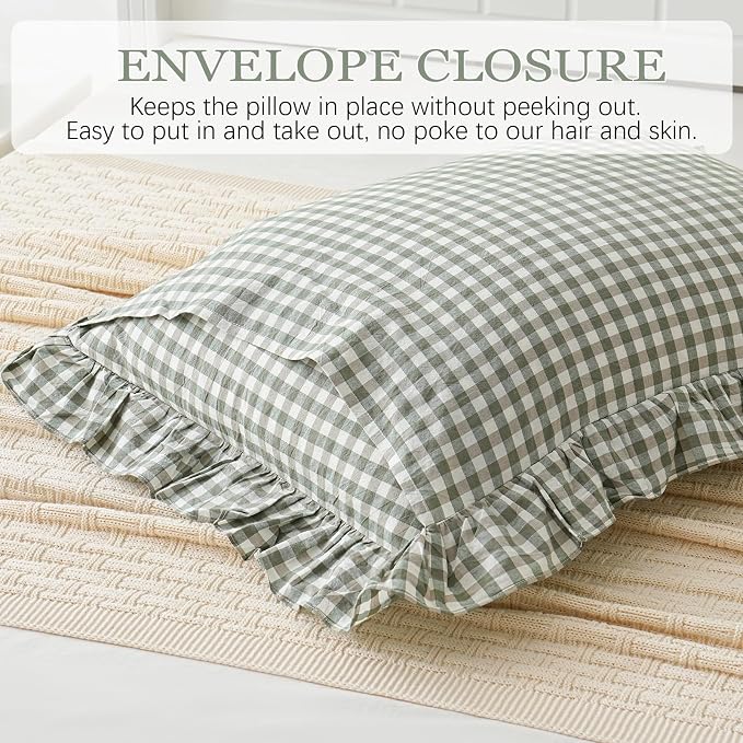 2 Pack Sage Green White Plaid Ruffle Pillow Shams Standard Size 20x26 inches - Image 5