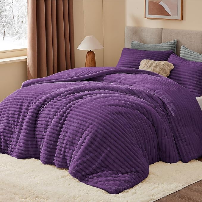 BEDELITE Fleece King Comforter Set -Super Soft & Warm Fluffy Purple Bedding by BEDELITE