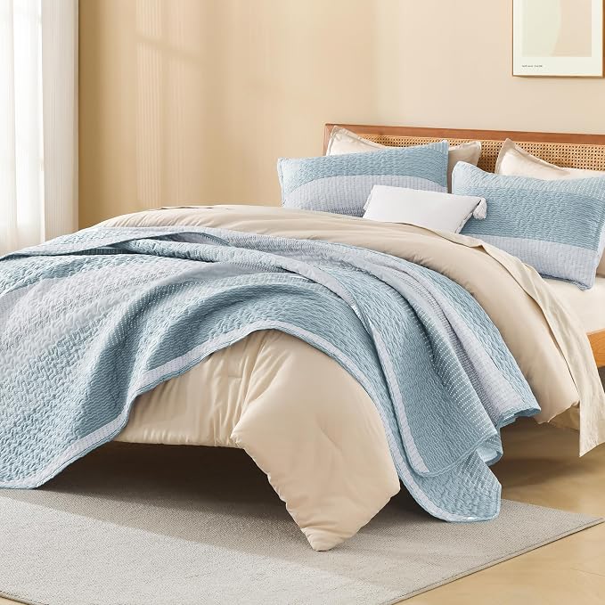 Litanika Quilt King Size Spa Blue, Stripe Patchwork Summer Bedspread Coverlet 3 - Image 4