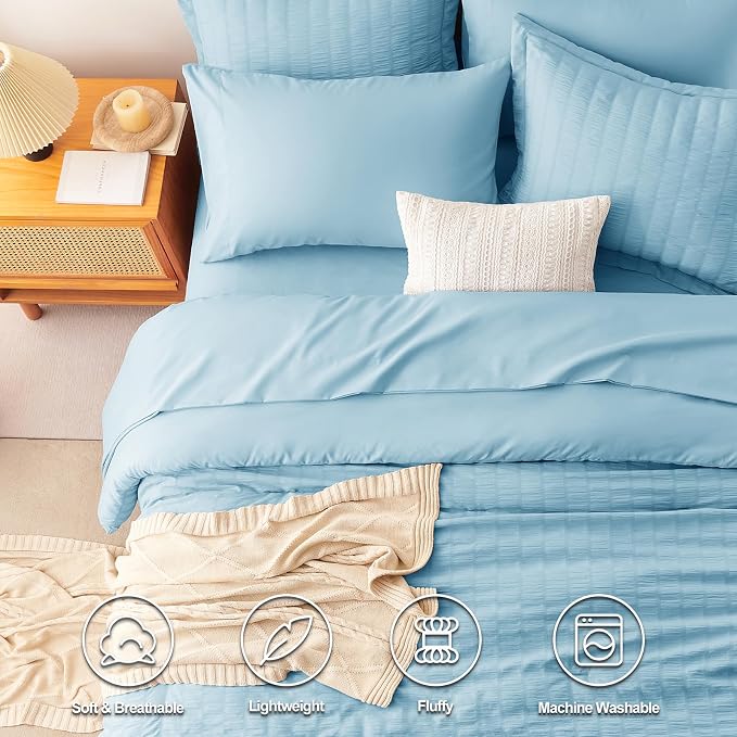 CozyLux Queen Comforter Set Sky Blue Seersucker 7 Pieces Bed in a Bag Queen - Image 2