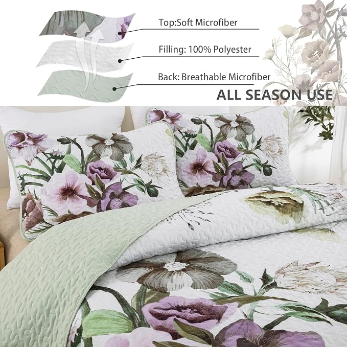Floral Quilt Set Queen 3 Pieces Boho Green Quilt Coverlet Set Soft Microfiber - Image 4