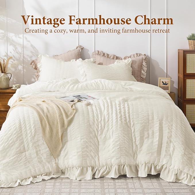 JOLLYVOGUE Ivory Comforter Full Size, 3 Pieces Seersucker Lightweight Full Size - Image 2