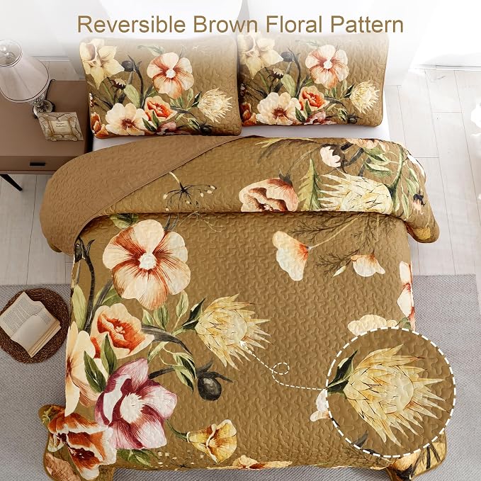 Drucon Brown Floral Quilt Set Queen Size 3 Pieces Brown Botanical Flower Quilt - Image 3