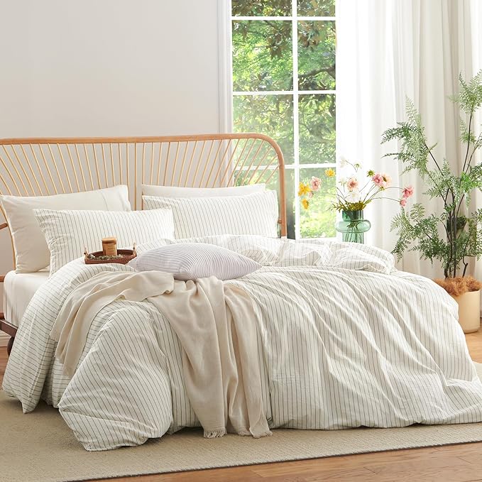 Nayoroom Striped Duvet Cover Queen Size 100% Washed Cotton White Brown Stripe - Image 2