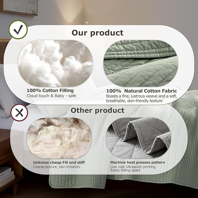 palassio Striped Sage Green 100% Cotton Quilt Twin Size Bedding Sets, - Image 7