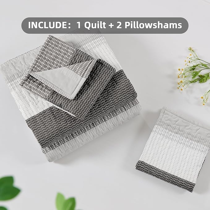 Andency Queen Quilt Bedding Set Dark Grey, 3 Pieces Patchwork Summer Striped - Image 8