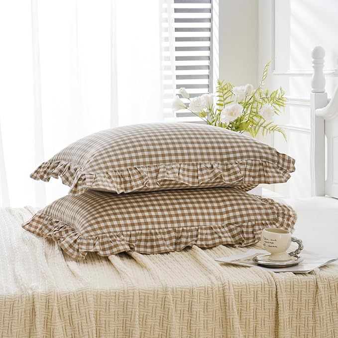 2 Pack Taupe White Plaid Gingham Ruffle Pillow Shams Standard Size 20x26 inches - Image 4