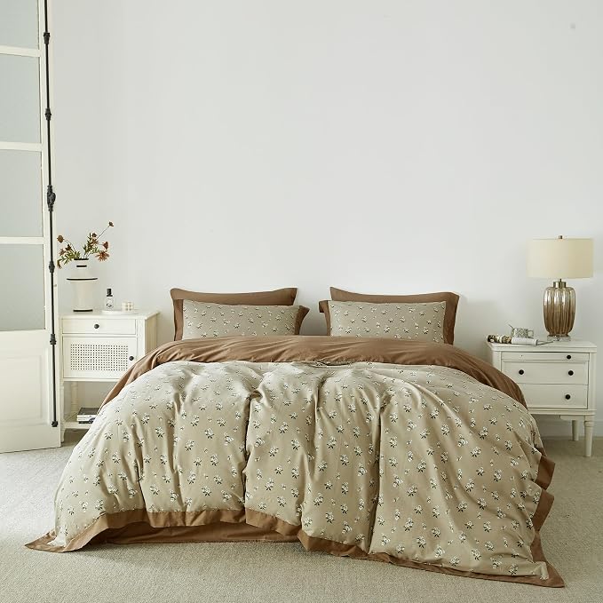 SUSYBAO Decorative Floral Duvet Cover King 100% Cotton 3 Pcs Set 1 Khaki White by SUSYBAO