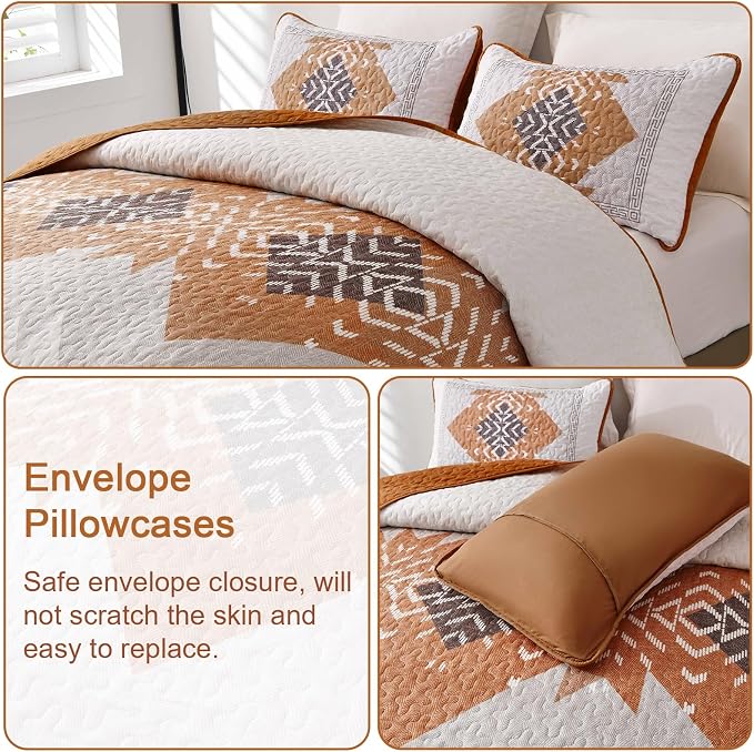 Dintszyayue Burnt Orange Quilt Set Boho California King Size, 3 Piece Aztec - Image 4