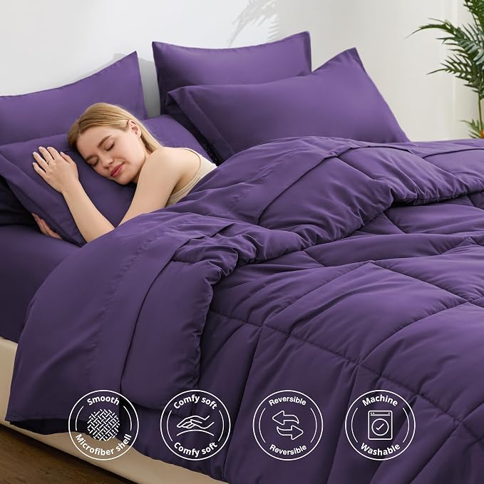 Love's cabin Queen Comforter Set Dark Purple, 7 Pieces Queen Bed in a Bag - Image 3