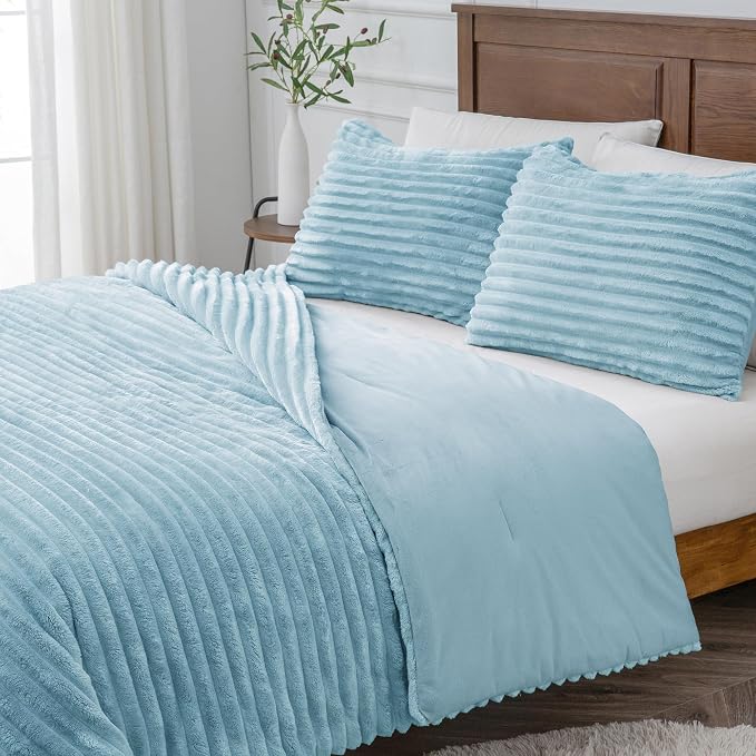 BEDELITE Fleece Queen Comforter Set -Super Soft & Warm Fluffy Light Blue Bedding - Image 9