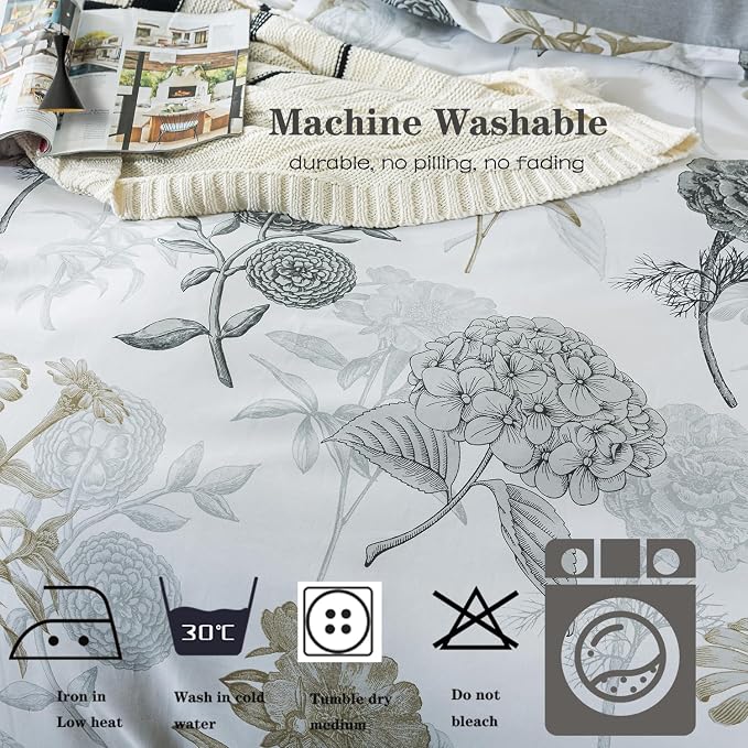 FADFAY Floral Duvet Cover Sets King/Cal King 100% Cotton Ink Grey Vintage - Image 8