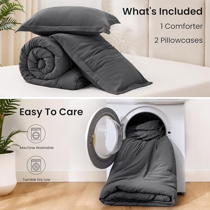 Love's cabin Dark Grey Full Comforter Set, 3-Piece Prewashed Bed Set - Image 6