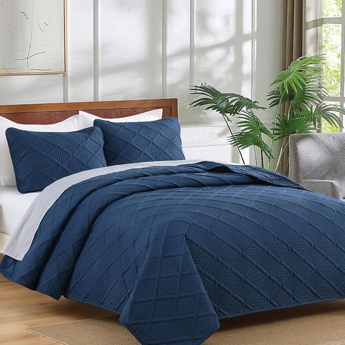 Yiran Navy Blue Quilt Set King Size Fall Bedspreads Embossed Diamond Pattern 3 - Image 3