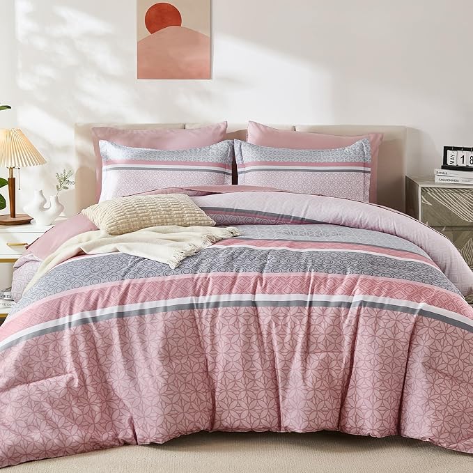 WONGS BEDDING Pink King Comforter Set 7 Pieces, Boho Striped Bed in a Bag Queen - Image 2