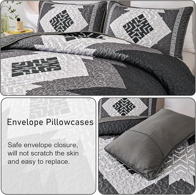 Dintszyayue Black Quilt Set Boho California King Size, 3 Piece Aztec Texture - Image 5