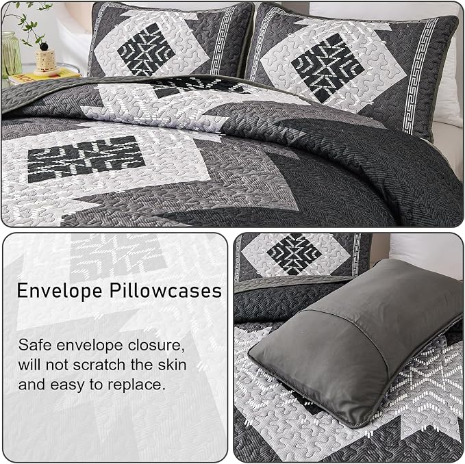 Dintszyayue Boho Queen Quilt Set 3 Pieces Black Grey Aztec Texture Bedspread - Image 5