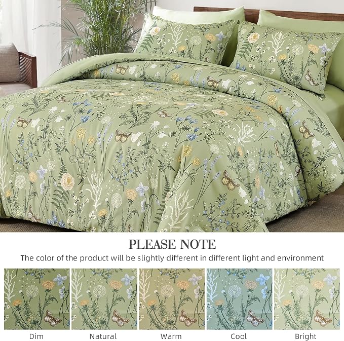 Yiran Sage Green Floral Comforter Set King Size, 7 Piece Botanical Comforter - Image 9
