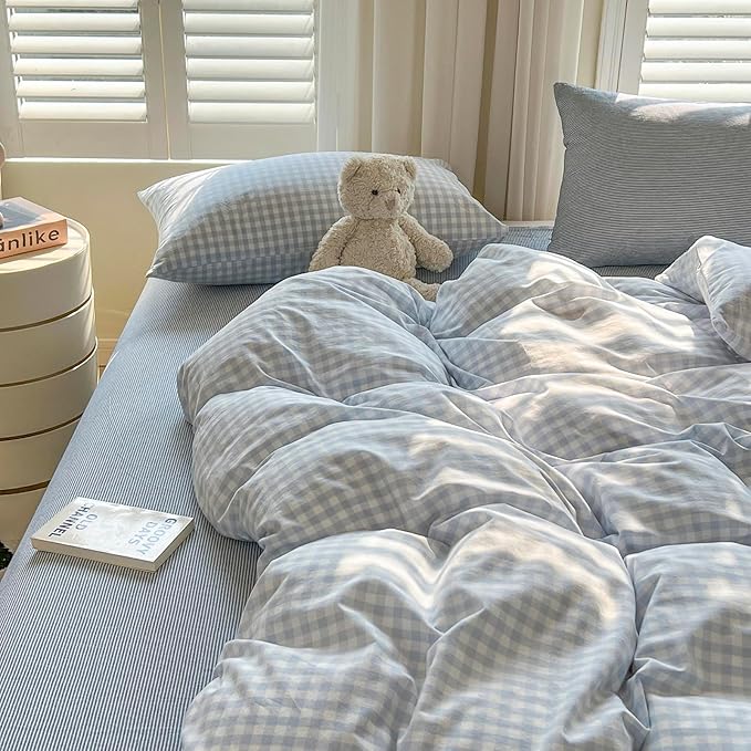 mixinni Light Blue Gingham Duvet Cover Set King Size - Image 5