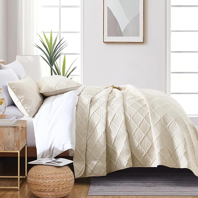 Yiran Queen Quilt Set Beige Spring Summer Bedspreads Bedding Set 3 Pieces Thin - Image 4