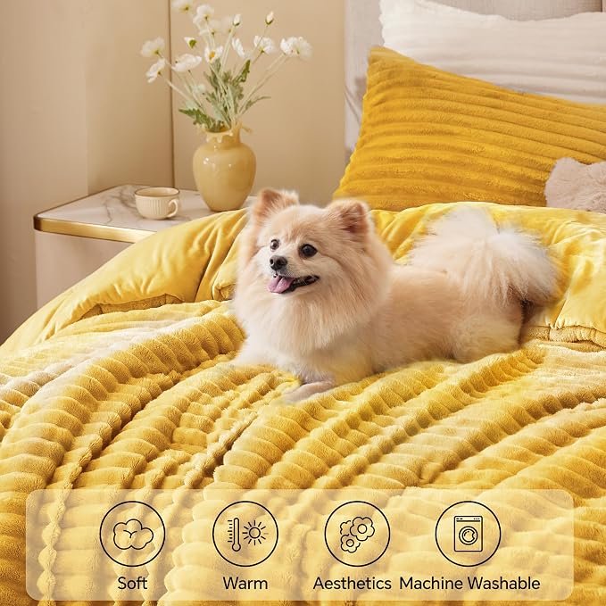 BEDELITE Fleece California King Comforter Set -Super Soft & Warm Fluffy Mustard - Image 3