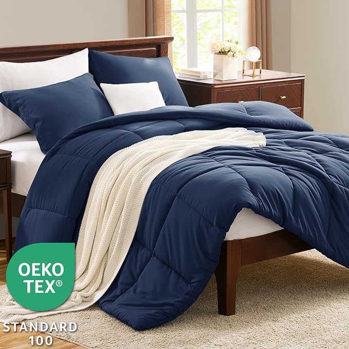 CozyLux Oversized Queen Comforter Set, 3 Pieces Navy Blue 98x98 Box Stitched - Image 3