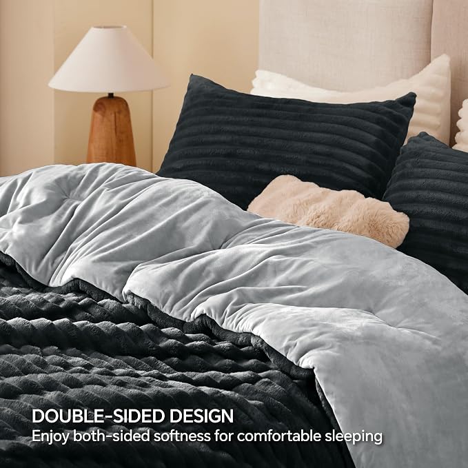 BEDELITE Fleece California King Comforter Set -Super Soft & Warm Fluffy Black - Image 5