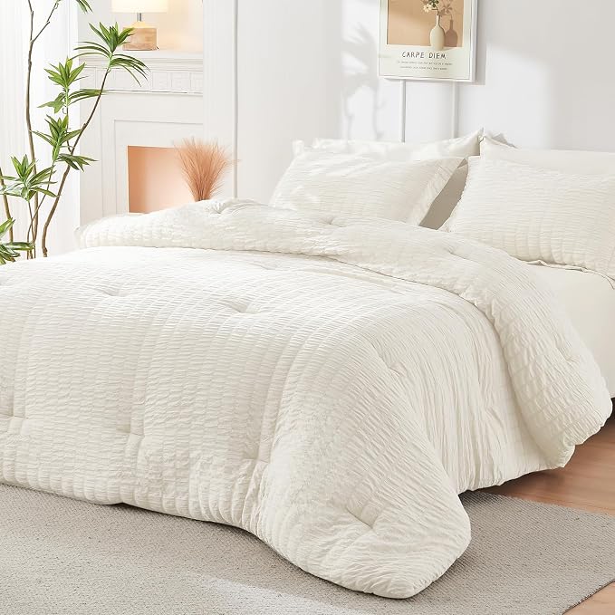 HYMOKEGE Ivory Oversized Queen Comforter Set Seersucker 7 Pieces, All Season - Image 7