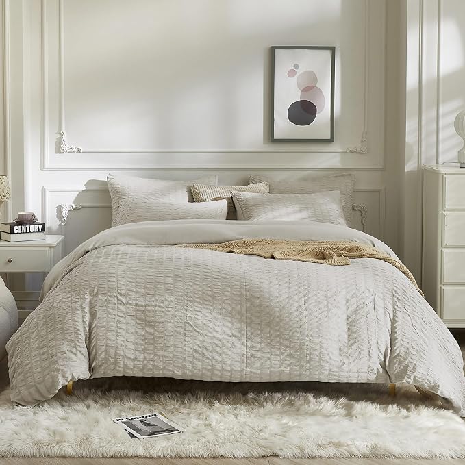 JELLYMONI Beige Duvet Cover Queen Size, Soft Breathable Seersucker Duvet Cover - Image 3