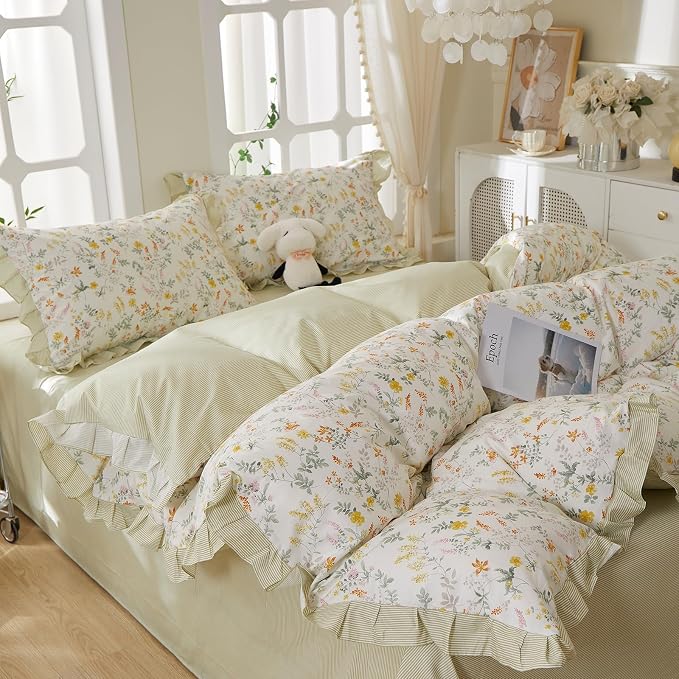 mixinni 100% Cotton Duvet Cover Set Twin, Reversible Spring Floral Ruffle Green - Image 9