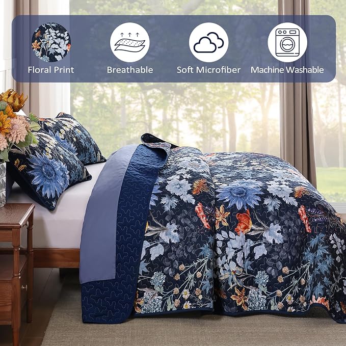 Yiran Navy Blue Sunflower Floral Quilt Set King Size, Botanical Colorful - Image 6