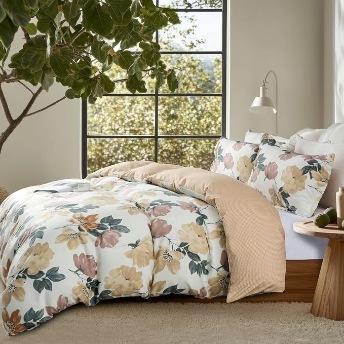 OAITE Duvet Cover Queen Size, Reversible Blooming Flower Orange Duvet Cover Set - Image 3