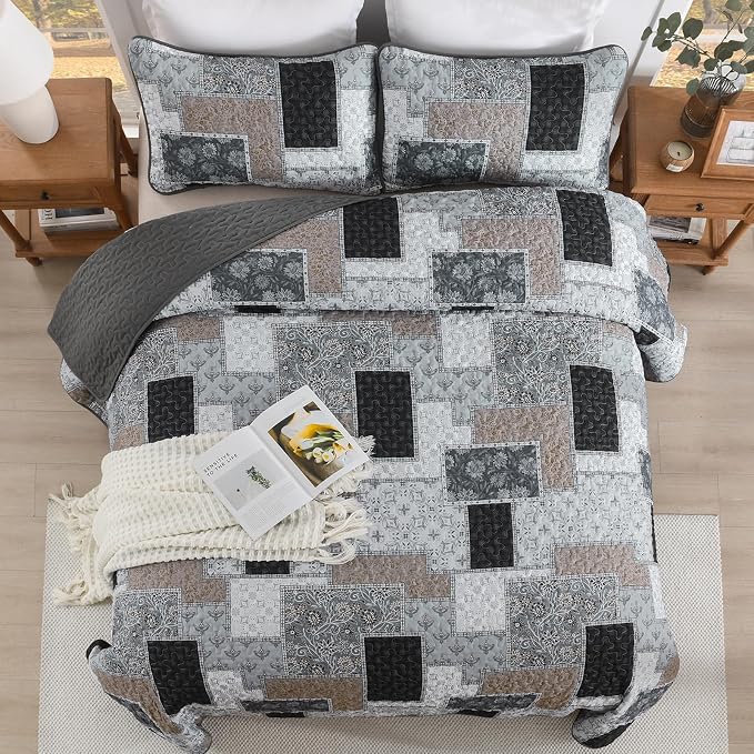 Xruibed Grey Quilt Set King Size 3 Pieces Plaid Floral Boho Bedspread Coverlet - Image 4