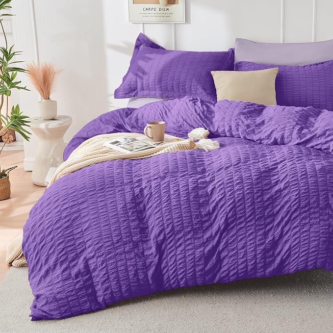 HYMOKEGE Dark Purple/Lavender Twin Comforter Set Seersucker 5 Pieces, All - Image 2
