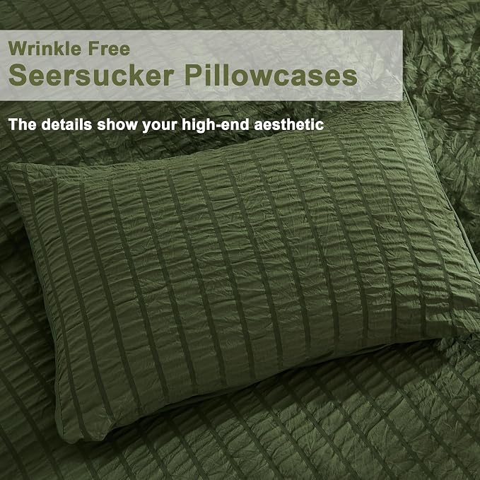 AveLom Dark Olive Green Seersucker Duvet Cover Set King, 3 Pieces, Soft Washed - Image 6