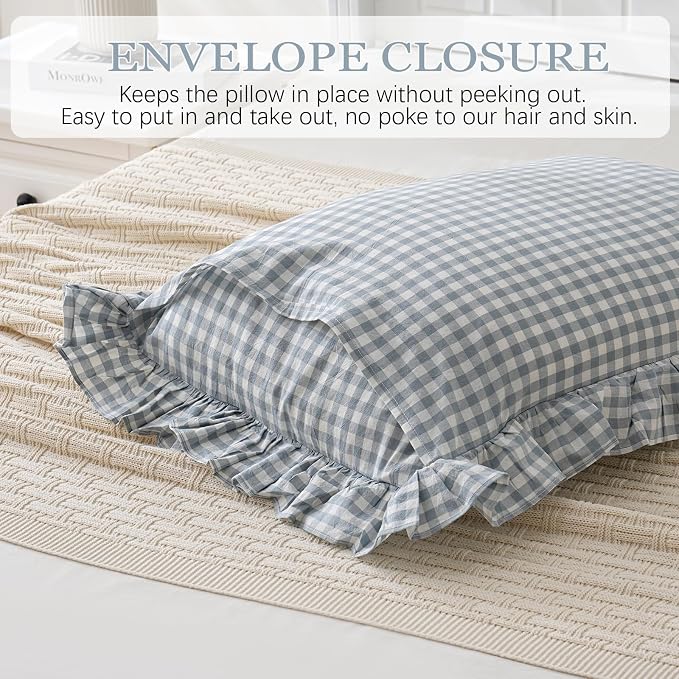 Blue White Plaid Euro Pillow Shams Ruffle Pillowcases Set of 2, Shabby - Image 6