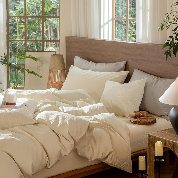 MooMee Wavy Striped Duvet Cover Set 100% Washed Cotton Linen Like Textured - Image 4