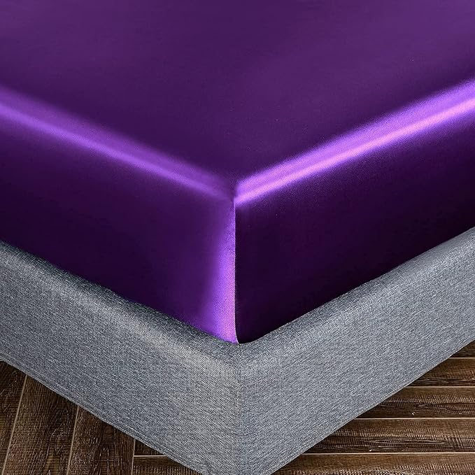 Homiest Purple Satin Fitted Sheet Queen Size, Deep Pocket, Luxury & Ultra Soft - Image 3