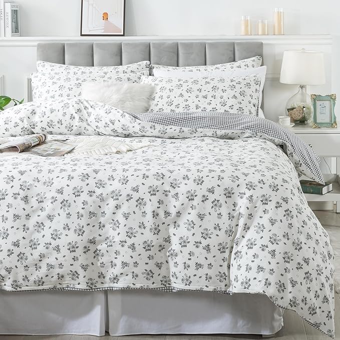 FADFAY Twin Size Duvet Cover Set 100% Cotton Grey White Floral Comforter Cover - Image 8