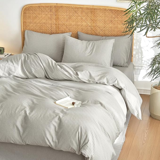 Wake In Cloud - Striped Cotton Duvet Cover Set, 100% Washed Cotton Textured - Image 5