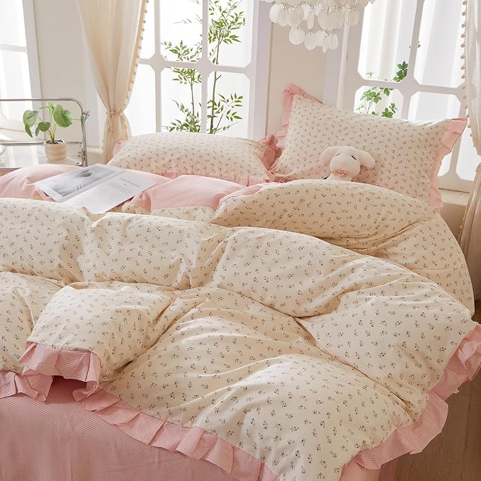 mixinni Pink Floral Duvet Cover Set Twin Size – 100% Cotton Ruffle Lace Bedding - Image 2