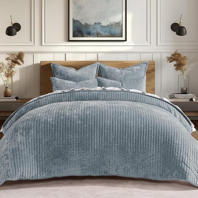 EVERGRACE Velvet Quilt Set Queen Size, Luxurious Soft Striped Channel Bedding by EverGrace